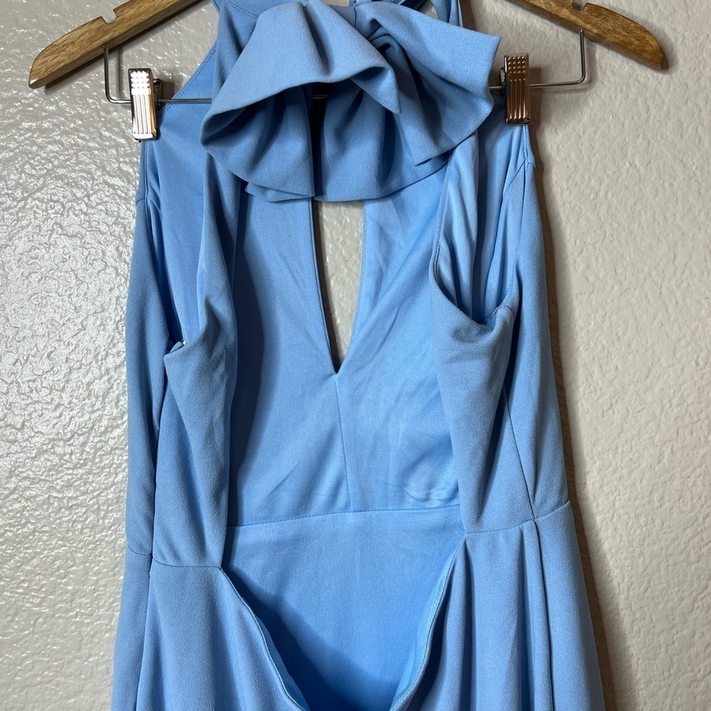 Striking Elegance Light Blue Bow Backless Halter Maxi Dress - Picture 5 of 6
